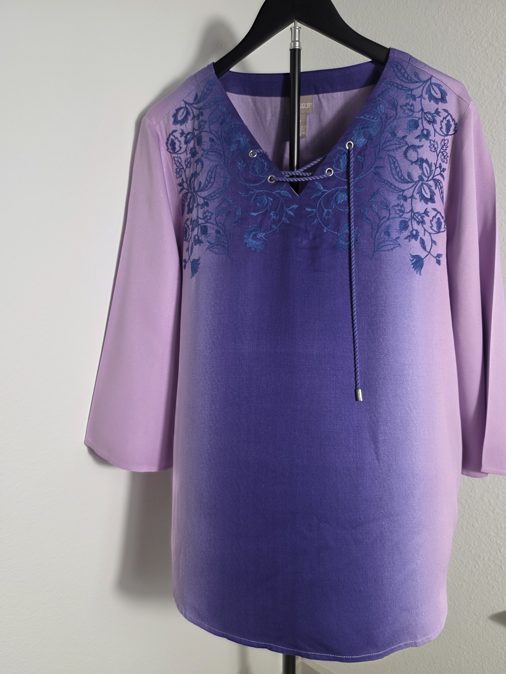 Chico's Size 2 Purple Ombre Embroidered Tunic Top Lace Up Boho Artisan Large - Picture 2 of 6